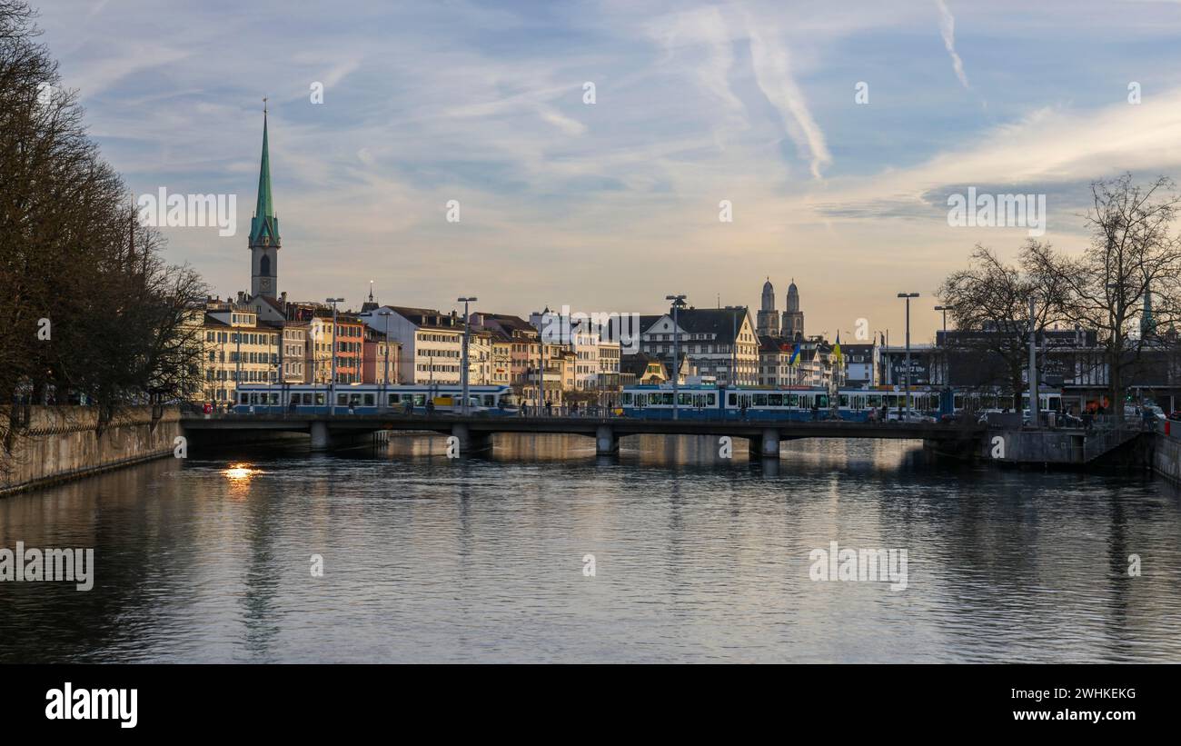 City panorama with railway station bridge, seen from the Walchebruecke, City of Zurich, Canton of Zurich, Switzerland Stock Photo