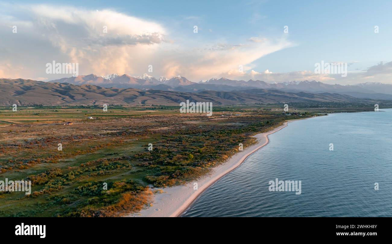 Issikul Aerial view, landscape at Lake Issyk Kul, Kyrgyzstan Stock Photo - Alamy