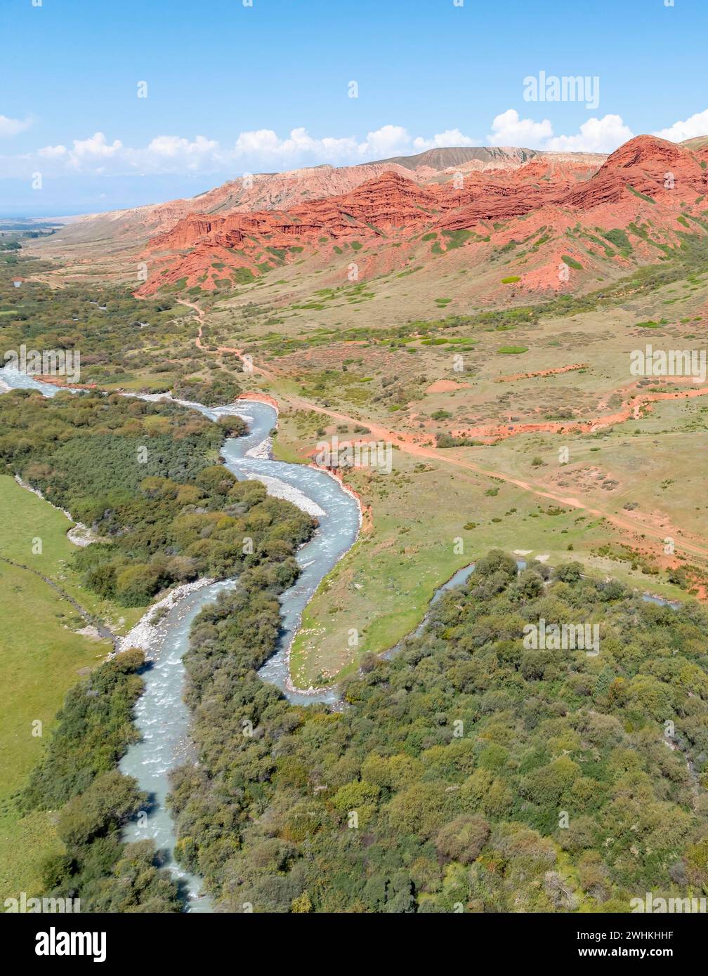 Aerial view, Djuku River and red rock formations, sandstone cliffs, Jeti Oguz, Tien Shan Mountains, Kyrgyzstan Stock Photo