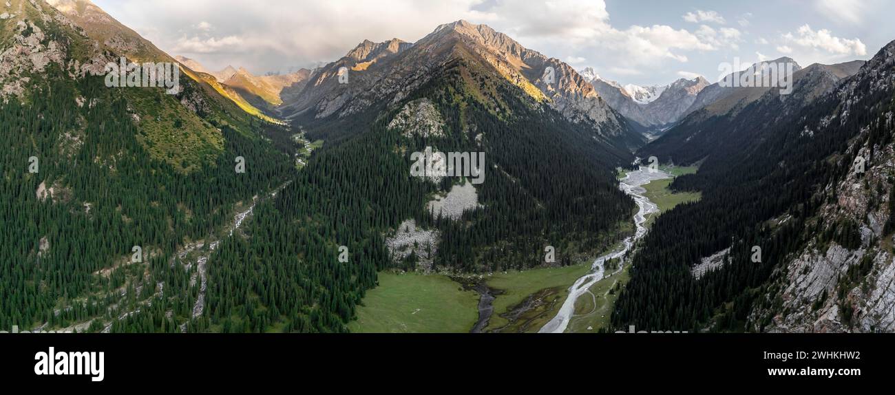 Aerial view, Green Mountain Valley, Chon Kyzyl Suu, Tien-Shan Mountains, Kyrgyzstan Stock Photo