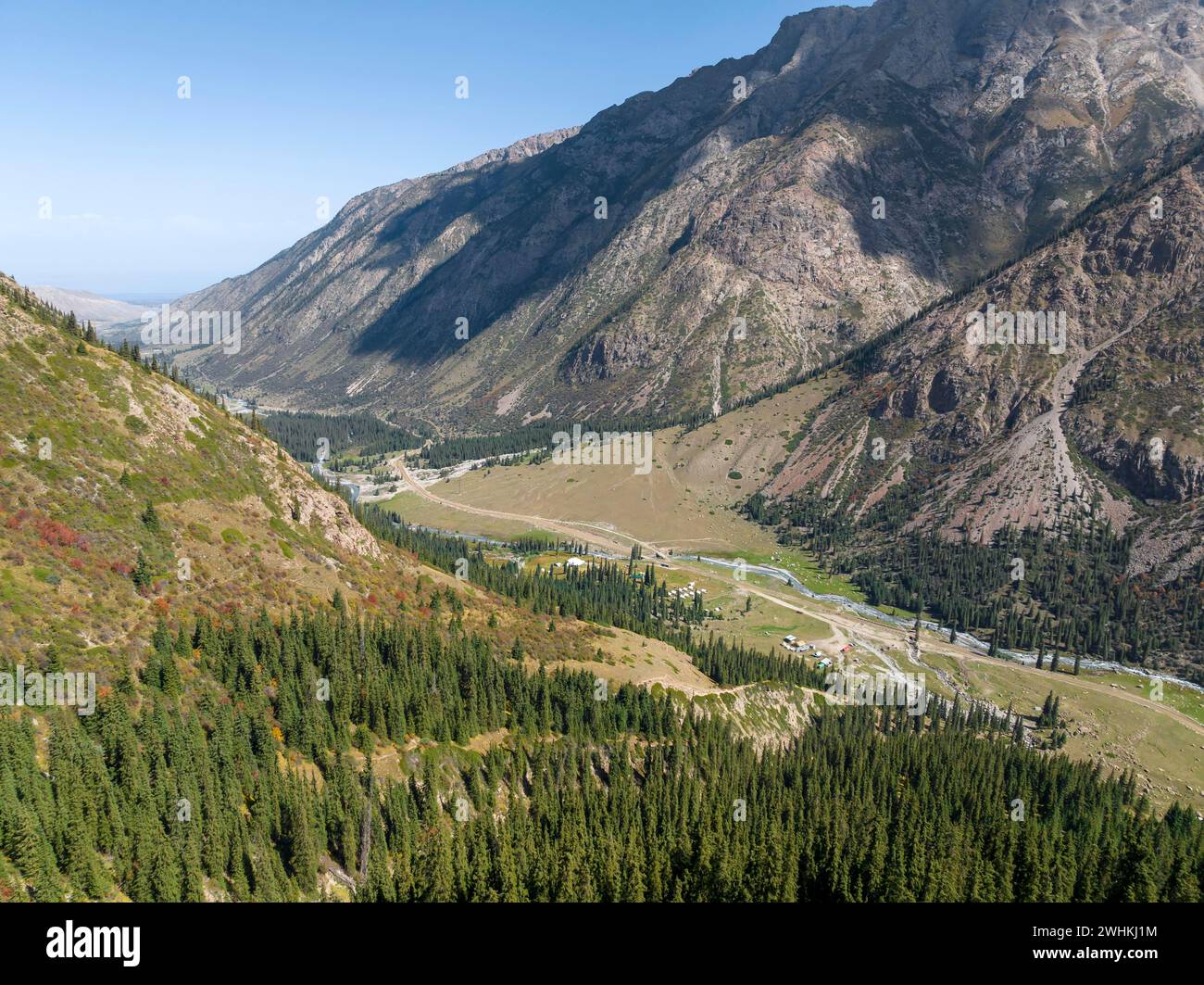 Aerial view, mountain landscape, mountain valley, Jeti-Oeguez, Issyk-Kul region, Kyrgyzstan Stock Photo