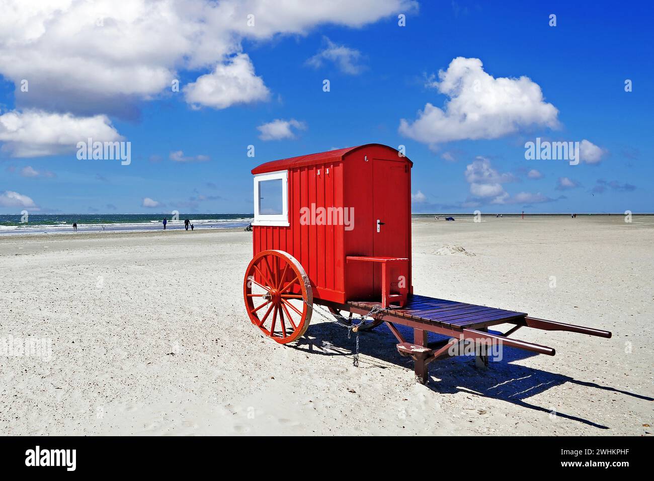Island of Borkum, Red bathing cart on the beach, East Frisian Islands, East Frisia, Lower Saxony, Federal Republic of Germany Stock Photo