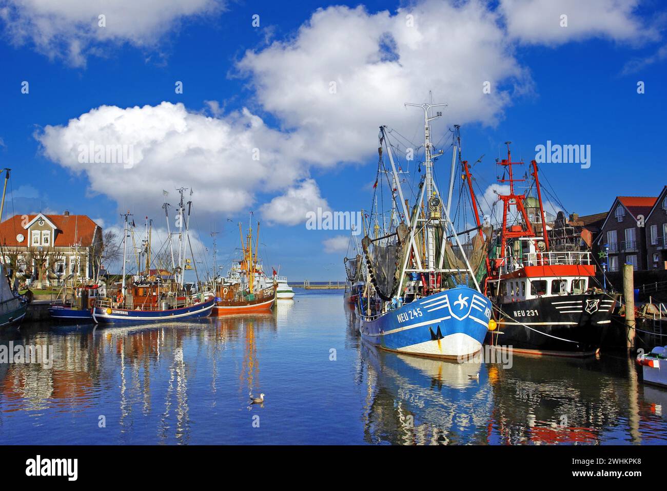 The old harbour of Neuharlingersiel, East Frisia, island ferry to Spiekeroog, ferry, fishing boats, shrimp cutter, fishing cutter, cutter regatta Stock Photo