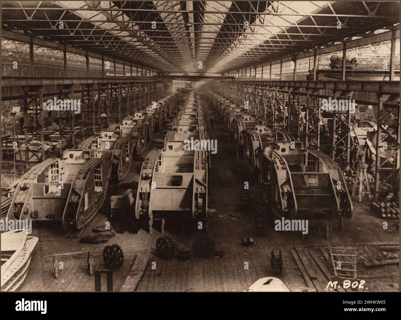 Tank manufacturing plant .  Factory filled with tanks. Images from Canadian Forces in First World War 1918 Stock Photo