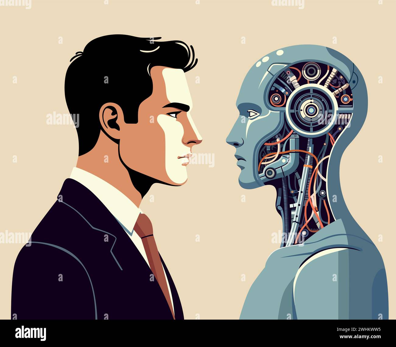 Art deco style illustration of a human facing an android, highlighting the contrast between man and machine. Stock Vector