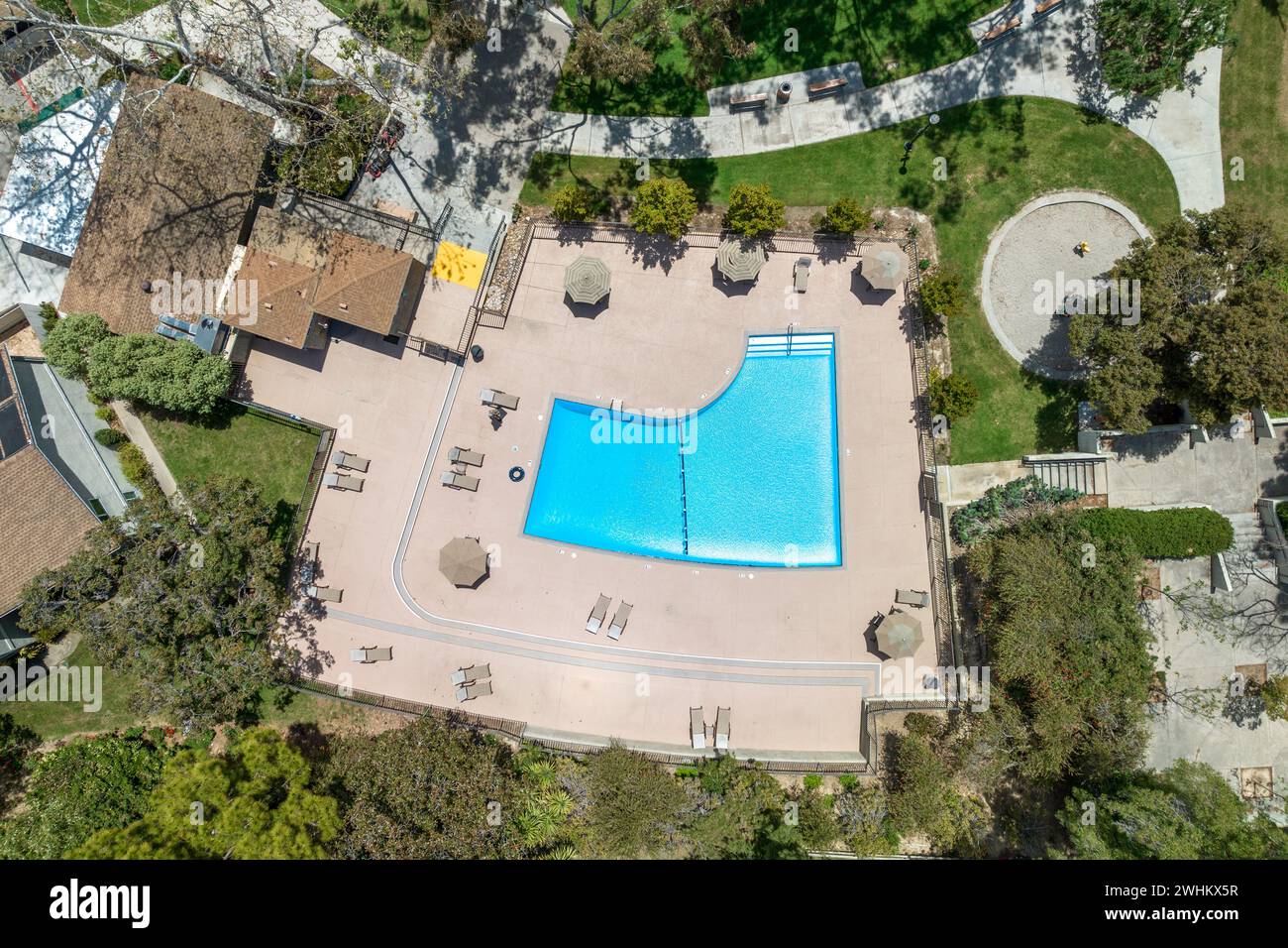 Aerial view of recreational facilities with pool in private residential community in La Jolla Stock Photo