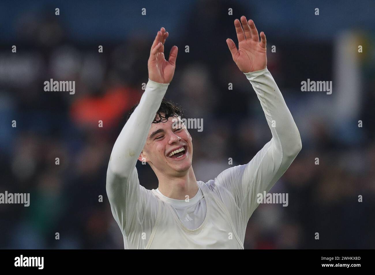 Archie Gray of Leeds United celebrates with the supporters after the ...