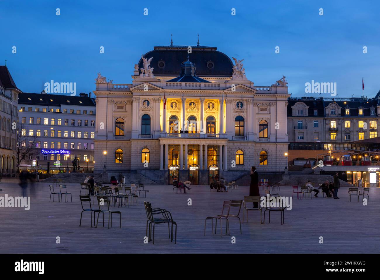 Evening atmosphere at Sechselaeutenplatz, Opera House, City of Zurich, Canton of Zurich, Switzerland Stock Photo