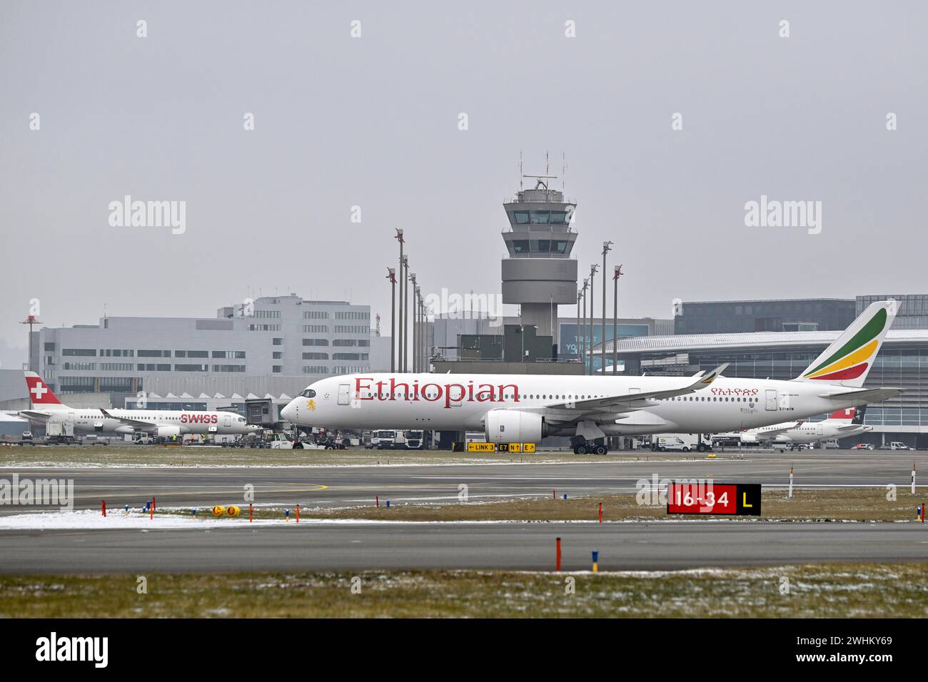 Aircraft Ethiopian Airlines, Airbus A350-900, ET-AYM, Zurich Kloten, Switzerland Stock Photo