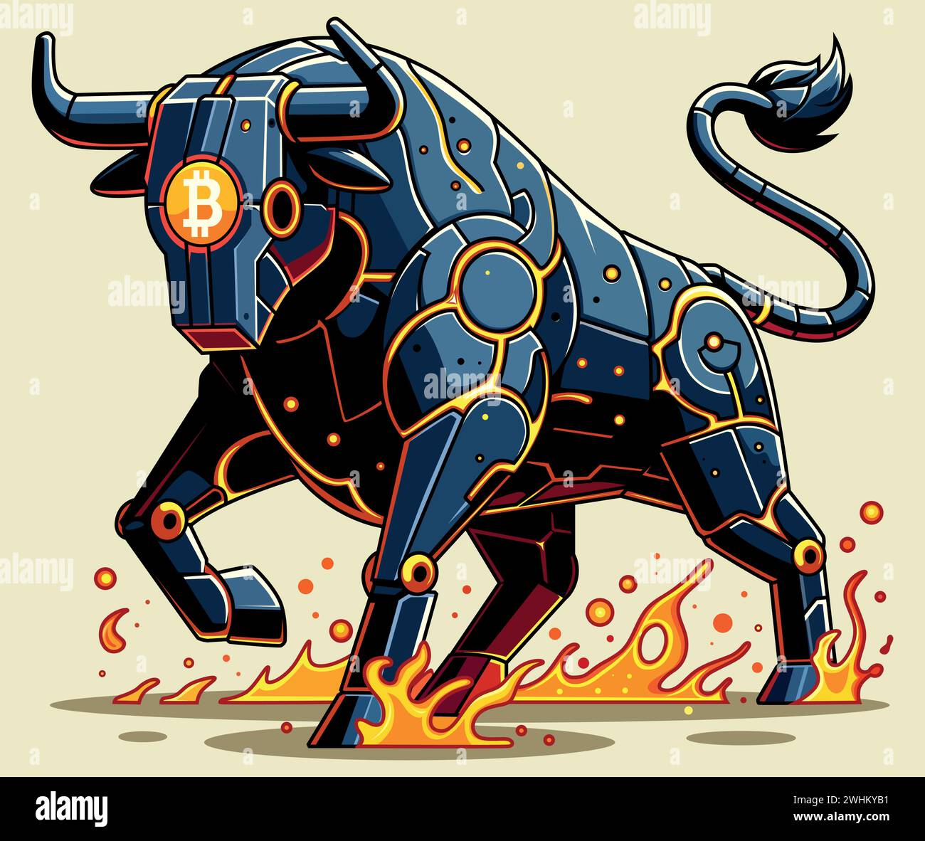 Comic book style illustration of a mechanical bull with Bitcoin symbol  charging with fiery energy Stock Vector Image & Art - Alamy
