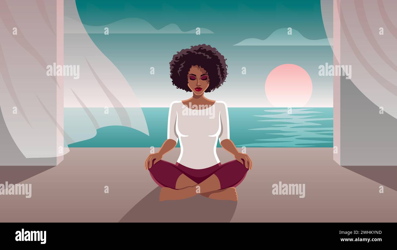 Art Deco style illustration of a serene woman meditating by the sea at ...