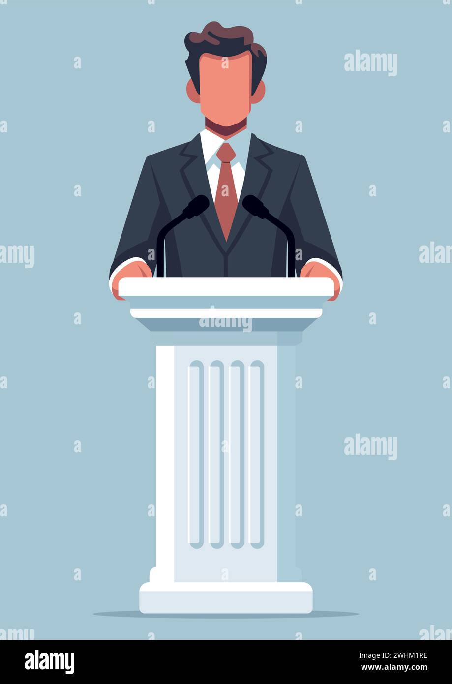 Flat design illustration of a man giving a speech at a podium, against ...