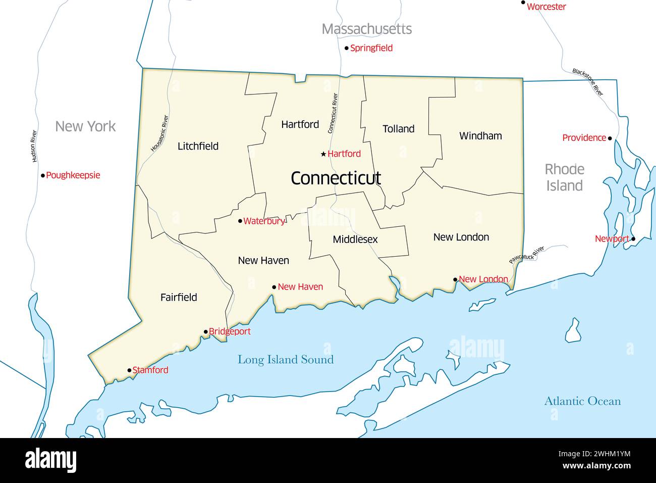 Political map of the state of Connecticut outlining the various counties that make up the region