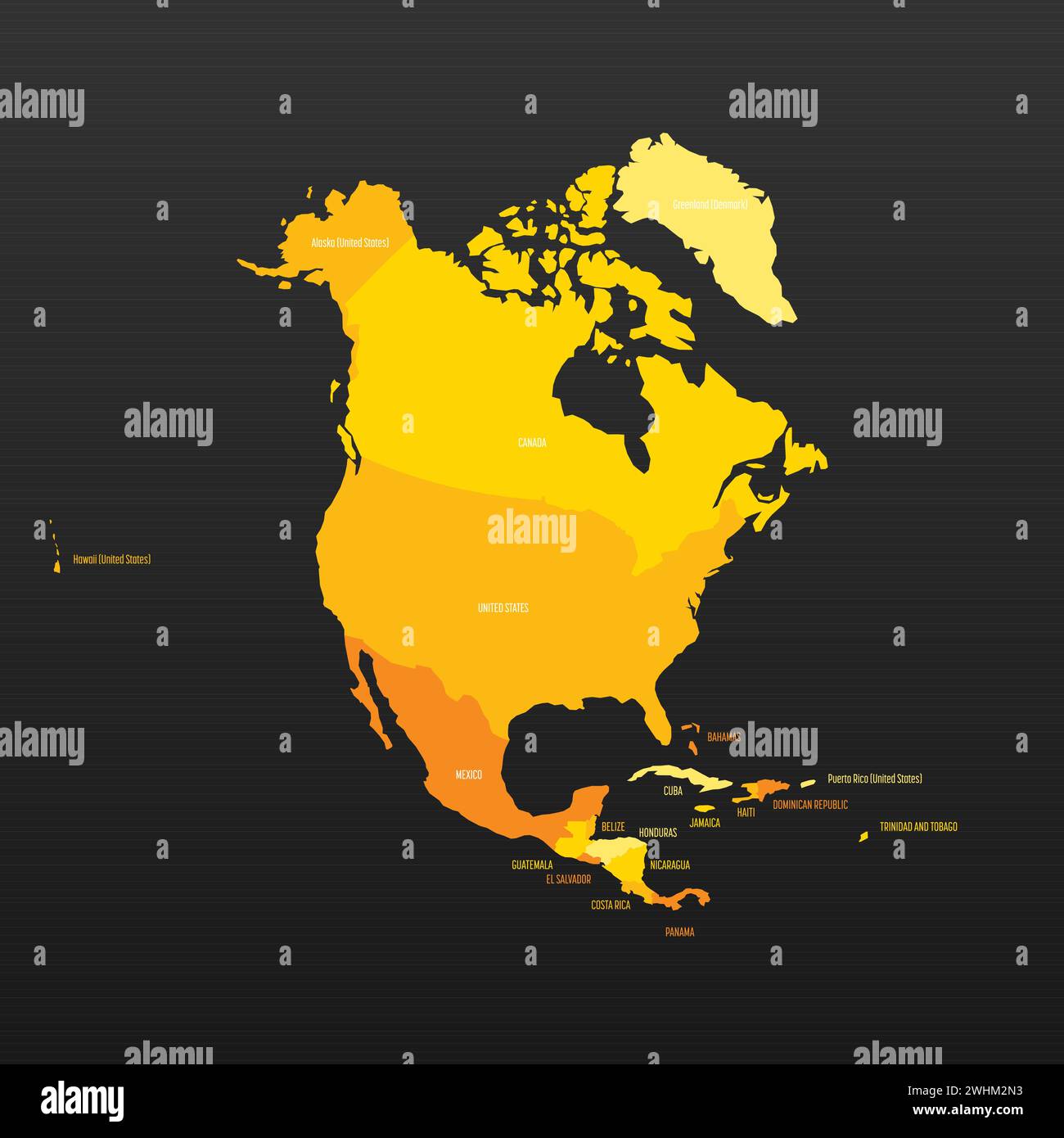 Political map of North America. Yellow colored land with country name