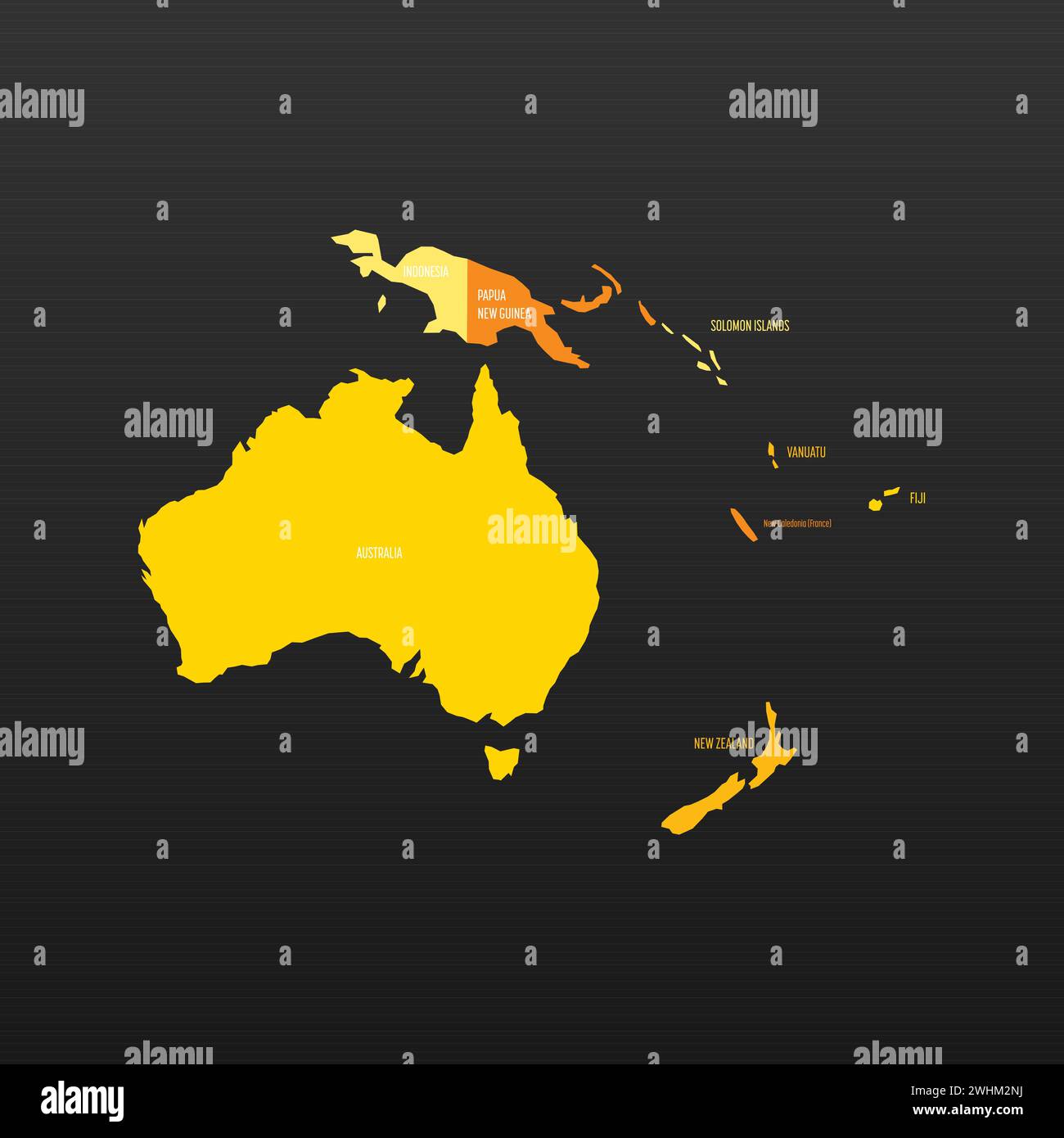 Political map of Australia. Yellow colored land with country name labels on dark gray background. Ortographic projection. Vector illustration Stock Vector