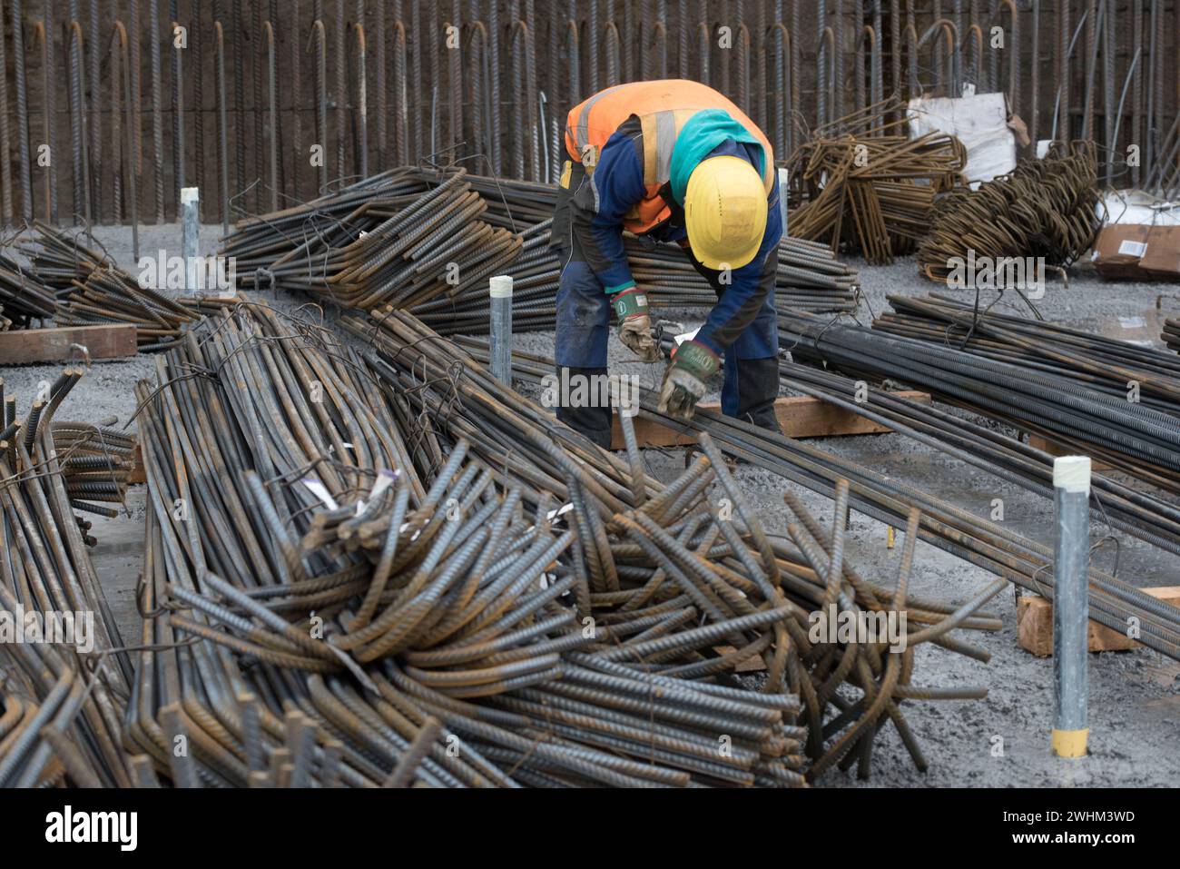 Construction worker and reinforced concrete Stock Photo