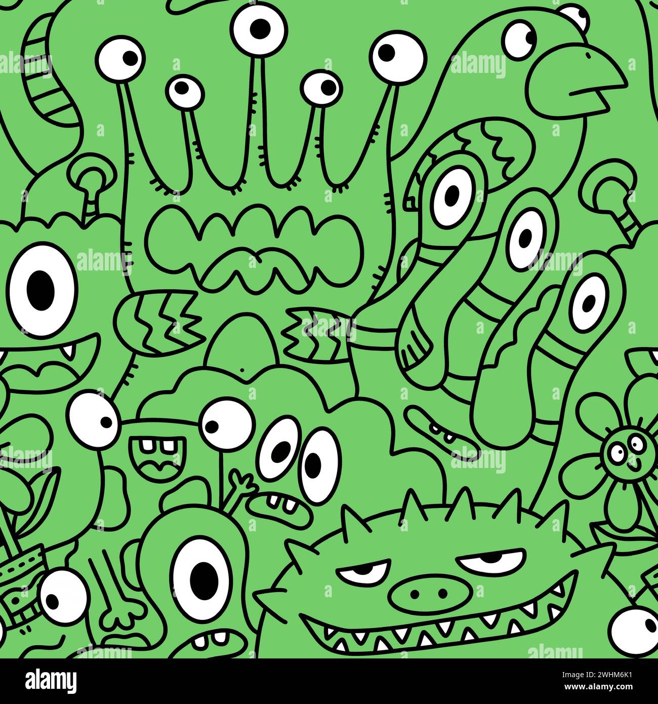 Cartoon monsters seamless funny aliens and rabbit and cactus and flower ...