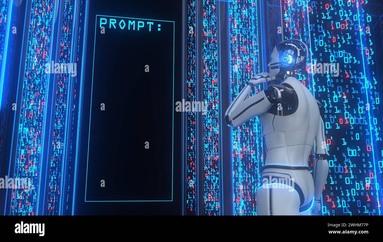 Humanoid robot thinks about the prompt. 3d illustration. Stock Photo