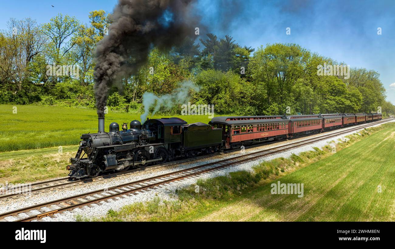 An Aerial View from the Side of An Antique Steam Locomotive and