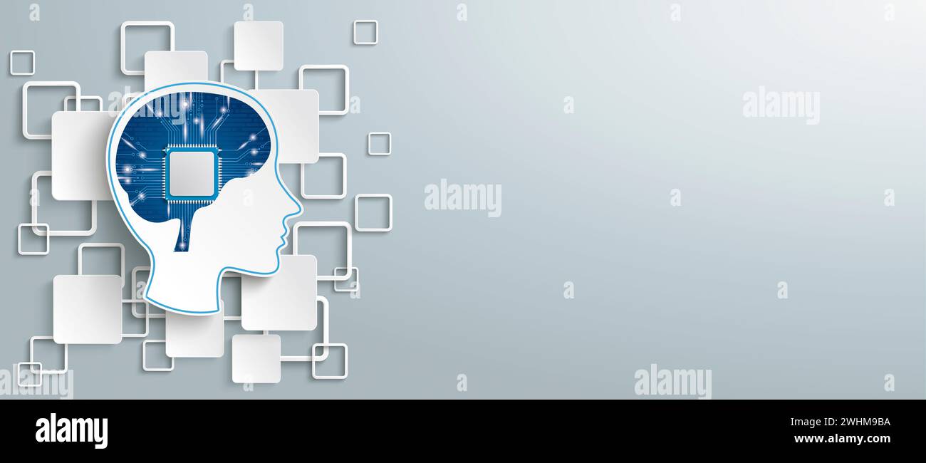 Human head with processor in the brain and rectangles on the gray background. Eps 10 vector file. Stock Photo
