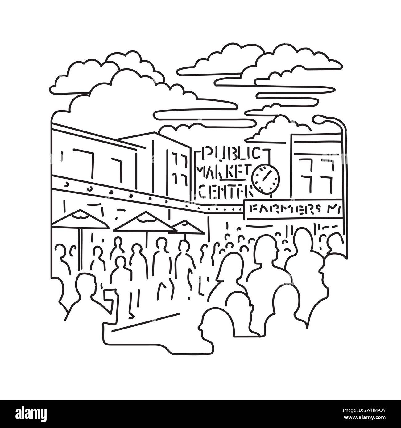 Mono line illustration of Pike Place Market overlooking the Elliott Bay