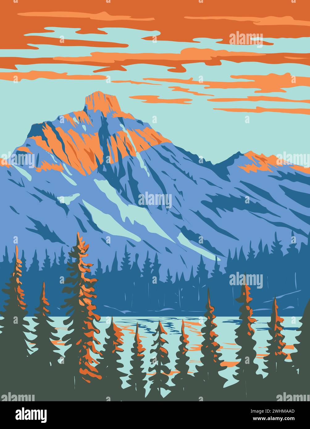 Lila Lake with Hibox Mountain in Alpine Lakes Wilderness Area Washington State WPA Poster Art Stock Photo