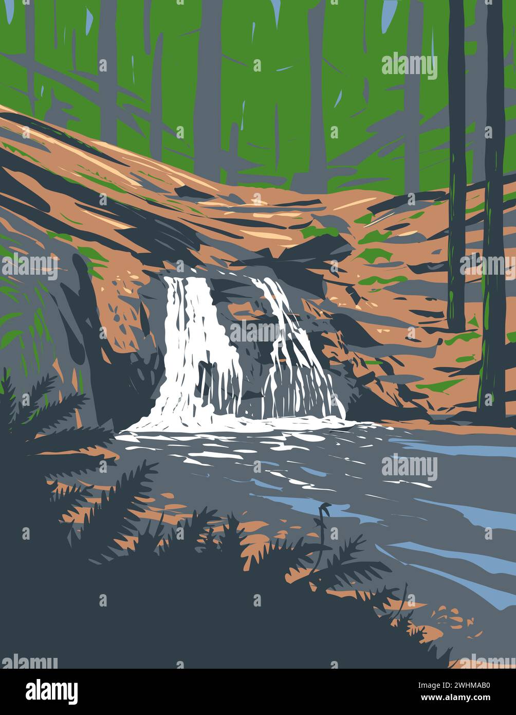 WPA poster art of Rustic Falls on Cascade Creek in Moran State Park on