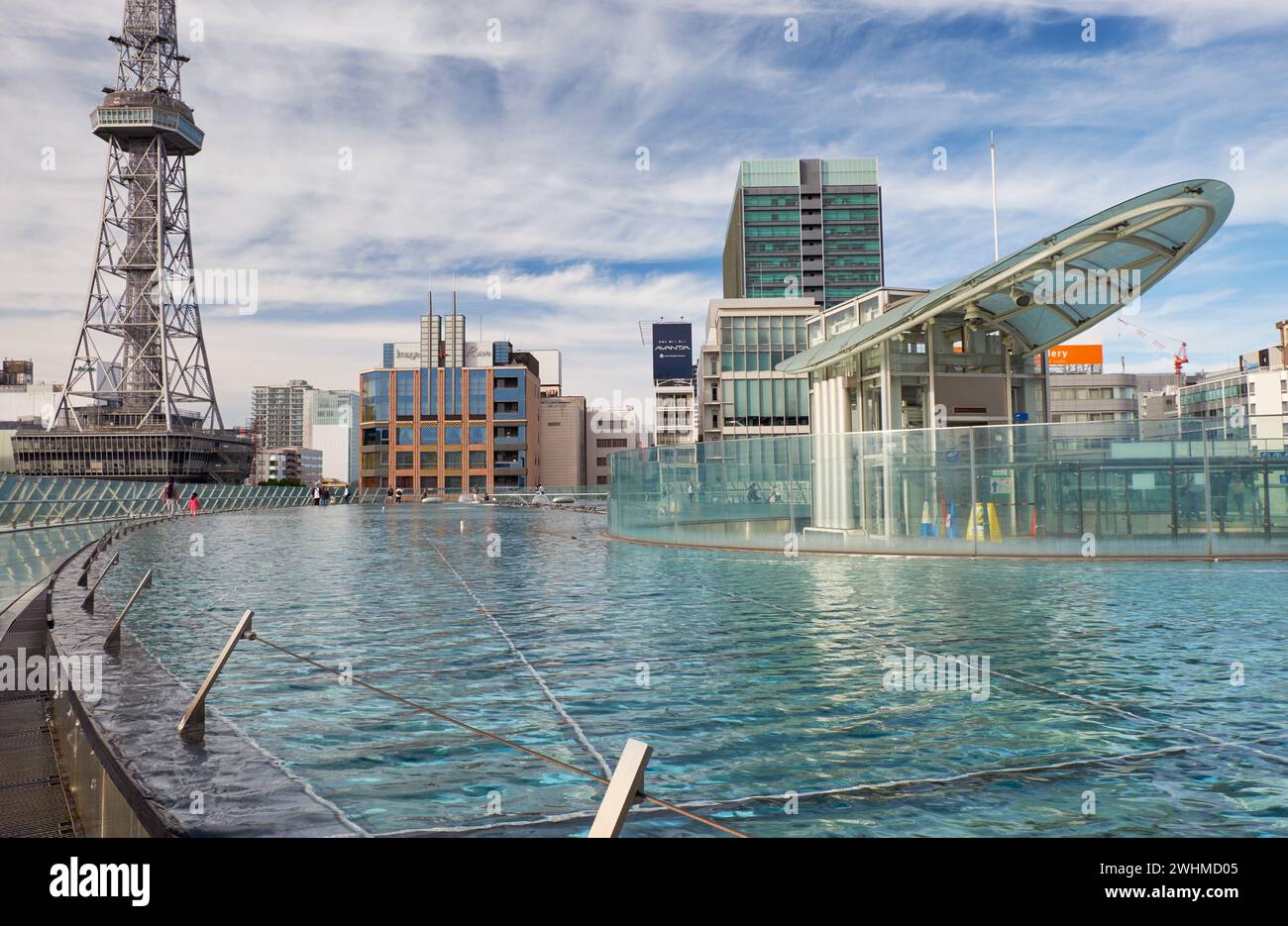 Water surface over glass roof Spaceship-Aqua at Oasis 21 three-dimensional park. Nagoya. Japan Stock Photo