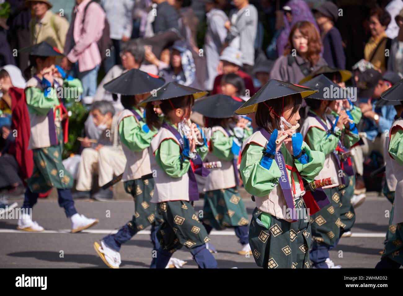 The parade of children in traditional historical costumes at Nagoya festival. Japan Stock Photo