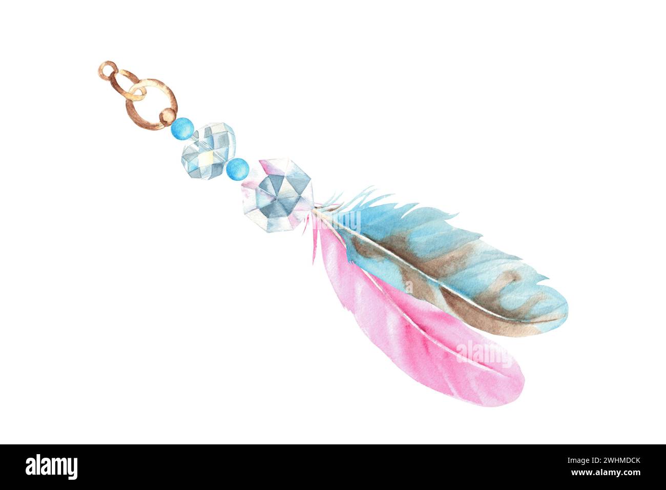 Watercolor composition from pale pink and blue beige feathers and beads ...
