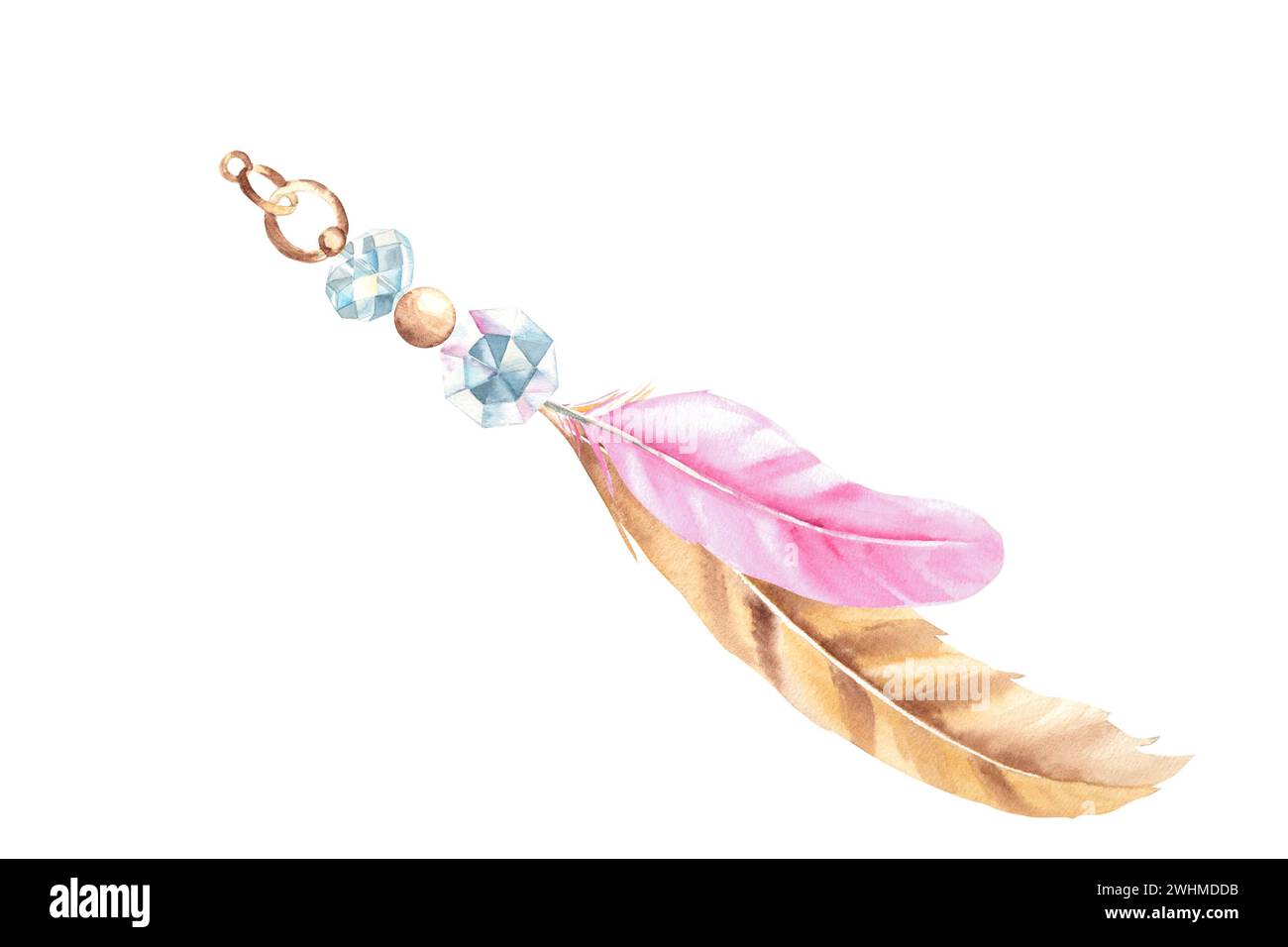 Watercolor composition from pale pink and beige feathers and beads ...