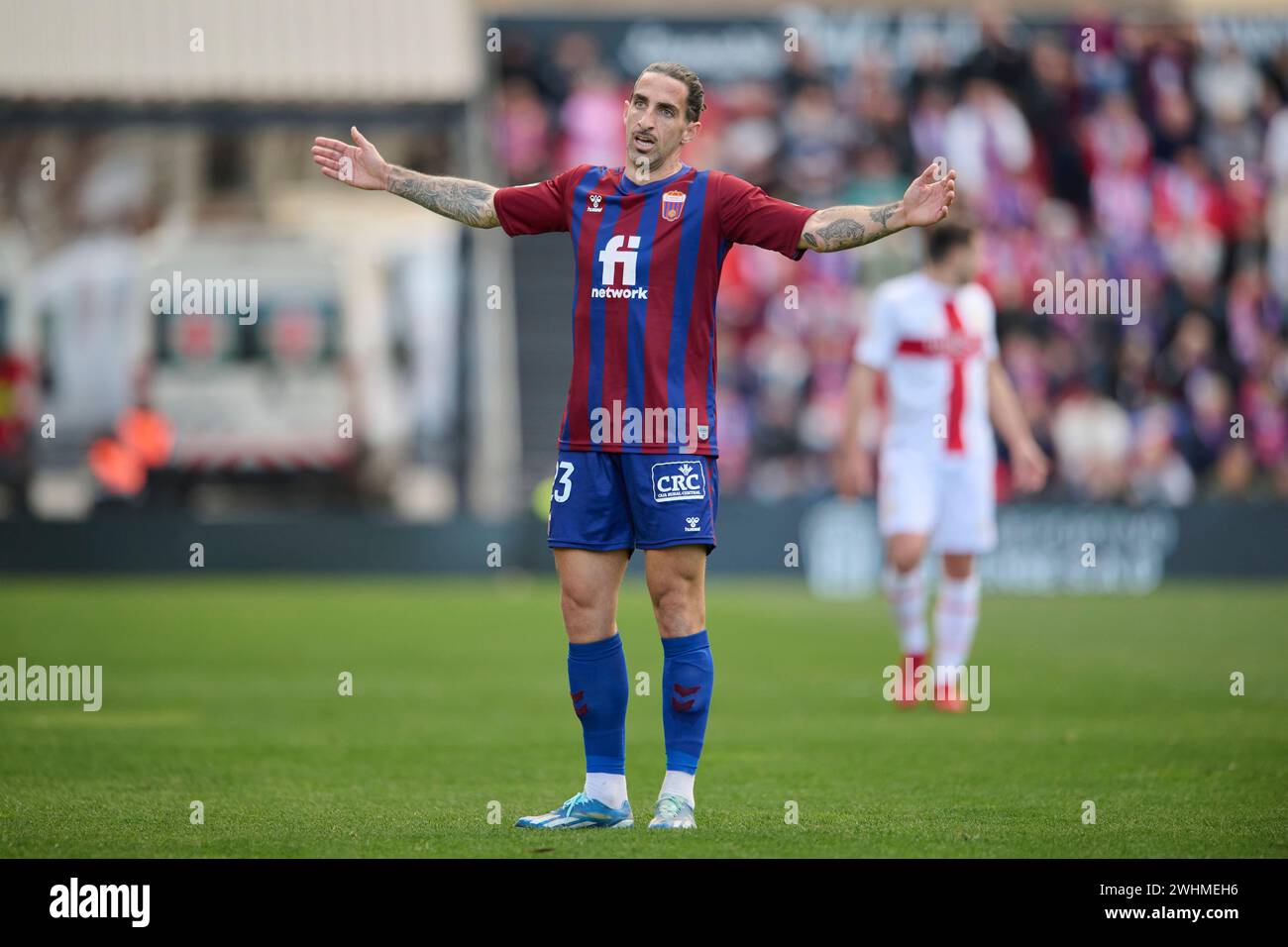 ELDA, SPAIN - FEBRUARY 10: Marc Mateu of CD Eldense reacts during the LaLiga Hypermotion match between CD Eldense and SD Huesca at Nuevo Pepico Amat Stadium on February 10, 2024 in Elda, Spain. (Photo by Francisco Macia/Photo Players Images) Stock Photo