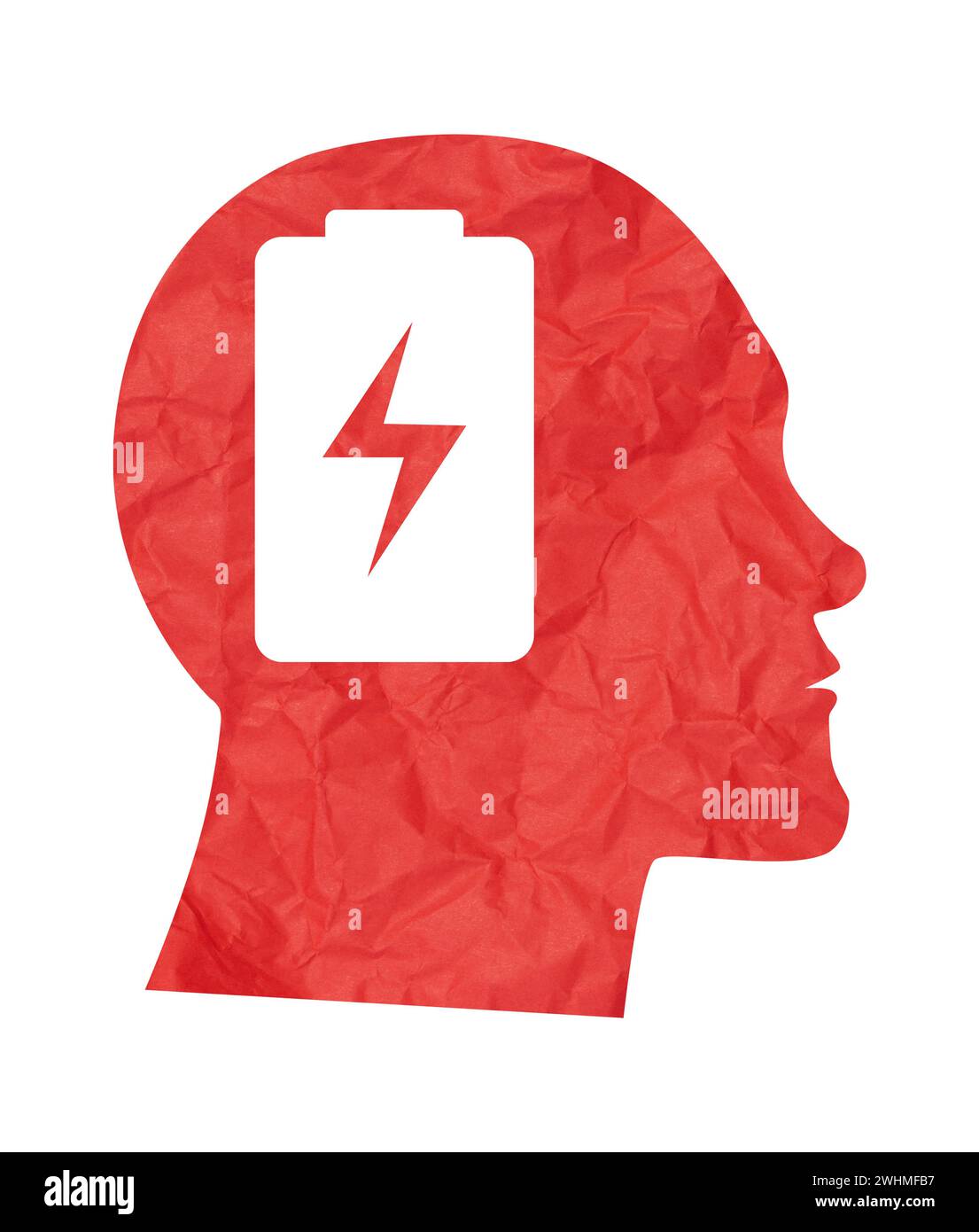 The cut-out silhouette of a male head and a battery symbol in the brain, the concept of mental health, depression Stock Photo