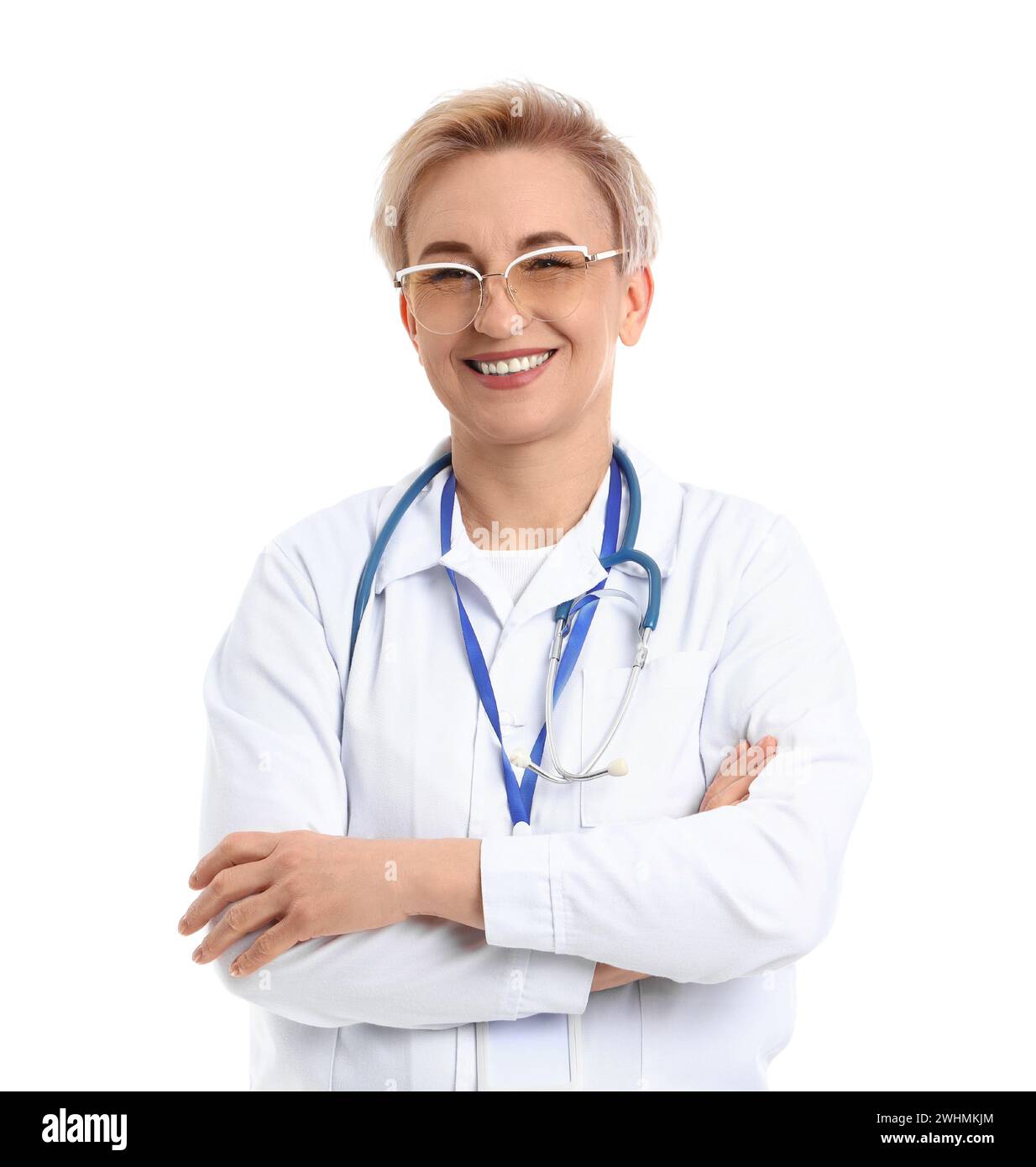 Mature female doctor on white background Stock Photo - Alamy