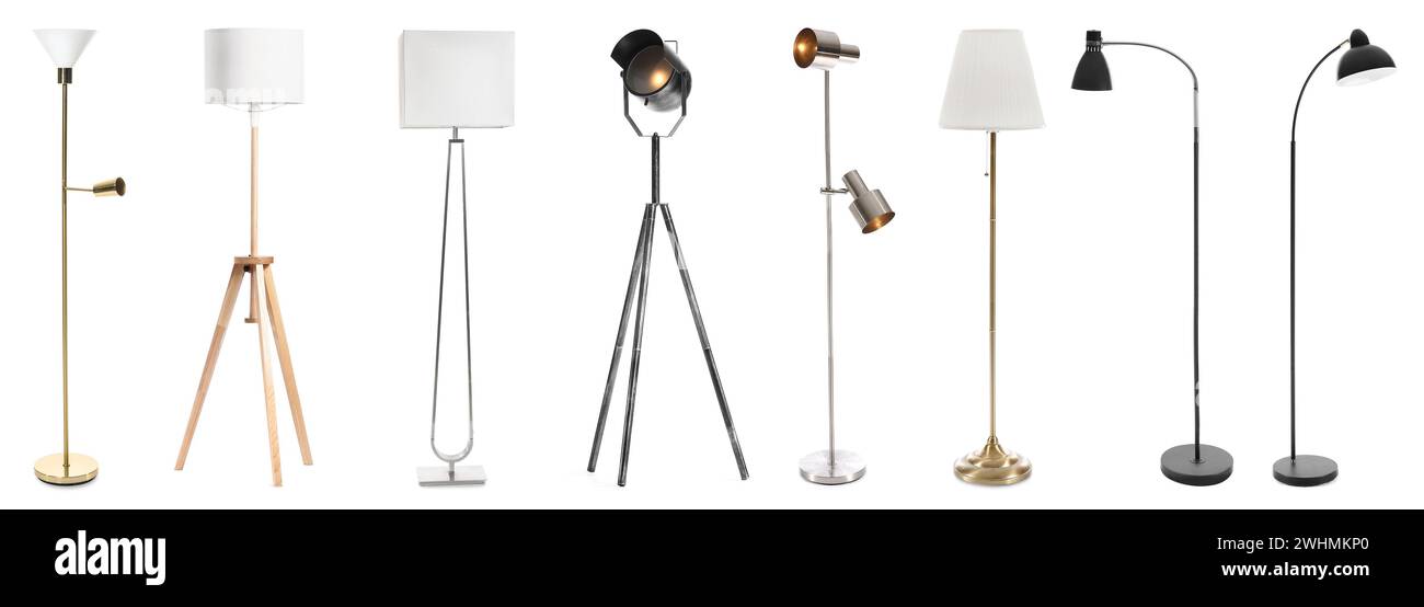 Set of different standard lamps on white background Stock Photo Alamy