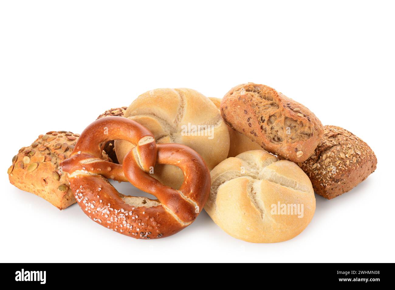 Different delicious buns and pretzel on white background Stock Photo