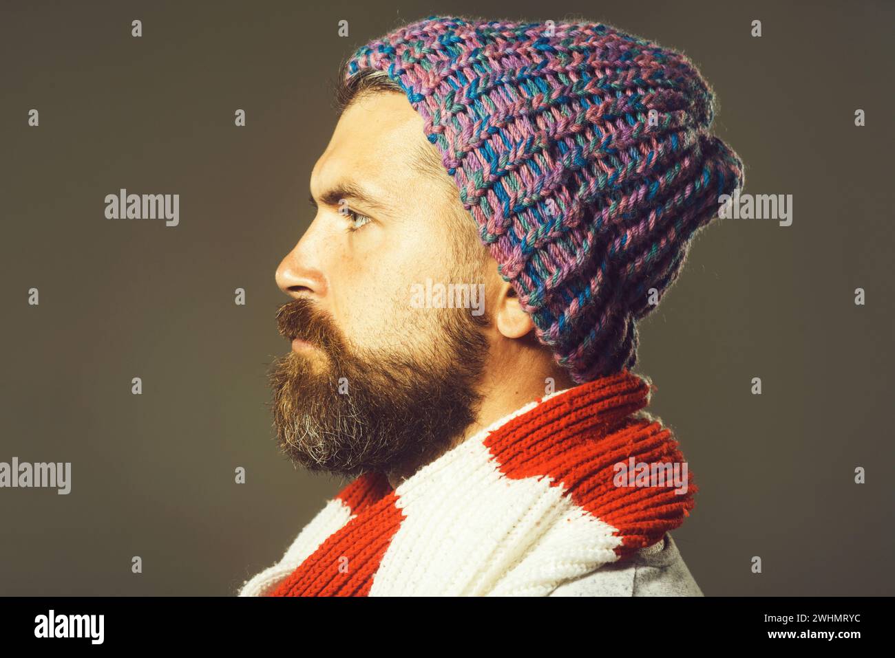 Winter clothes. Closeup portrait of confident bearded man in wool scarf and hat looking aside. Handsome serious man with beard in knitted hat and Stock Photo