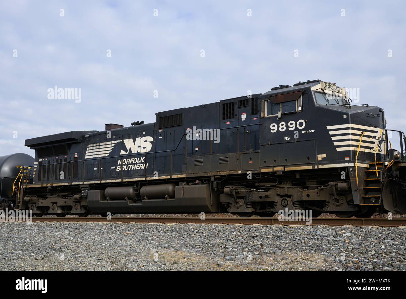 Stanwood, WA, USA - February 7, 2024; Norfolk Southern locomotive 9890 with name and logo Stock Photo