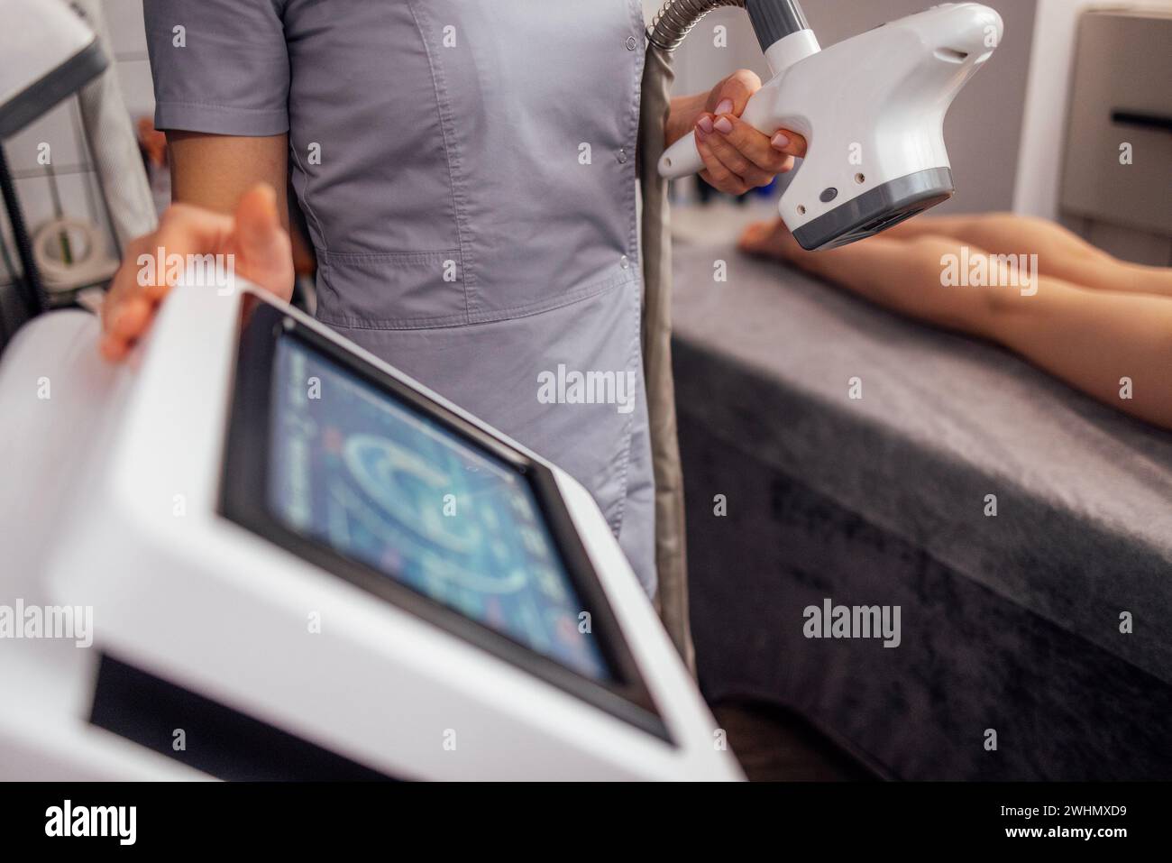Close up of the monitor of the device for vacuum roller massage. Stock Photo
