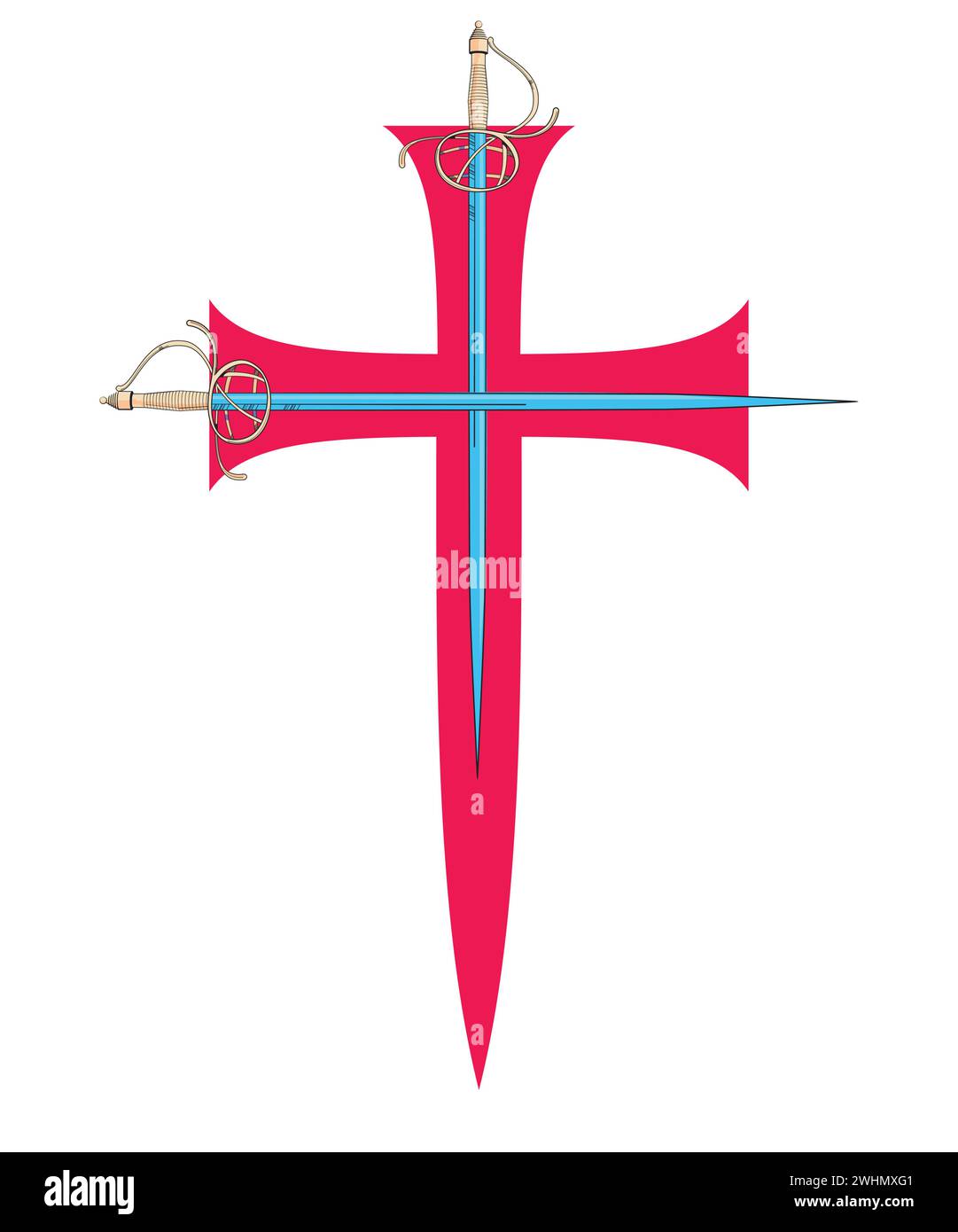Vector illustration of two swords clashing over a red cross. Ideal design for chivalry and adventure comics. Stock Vector