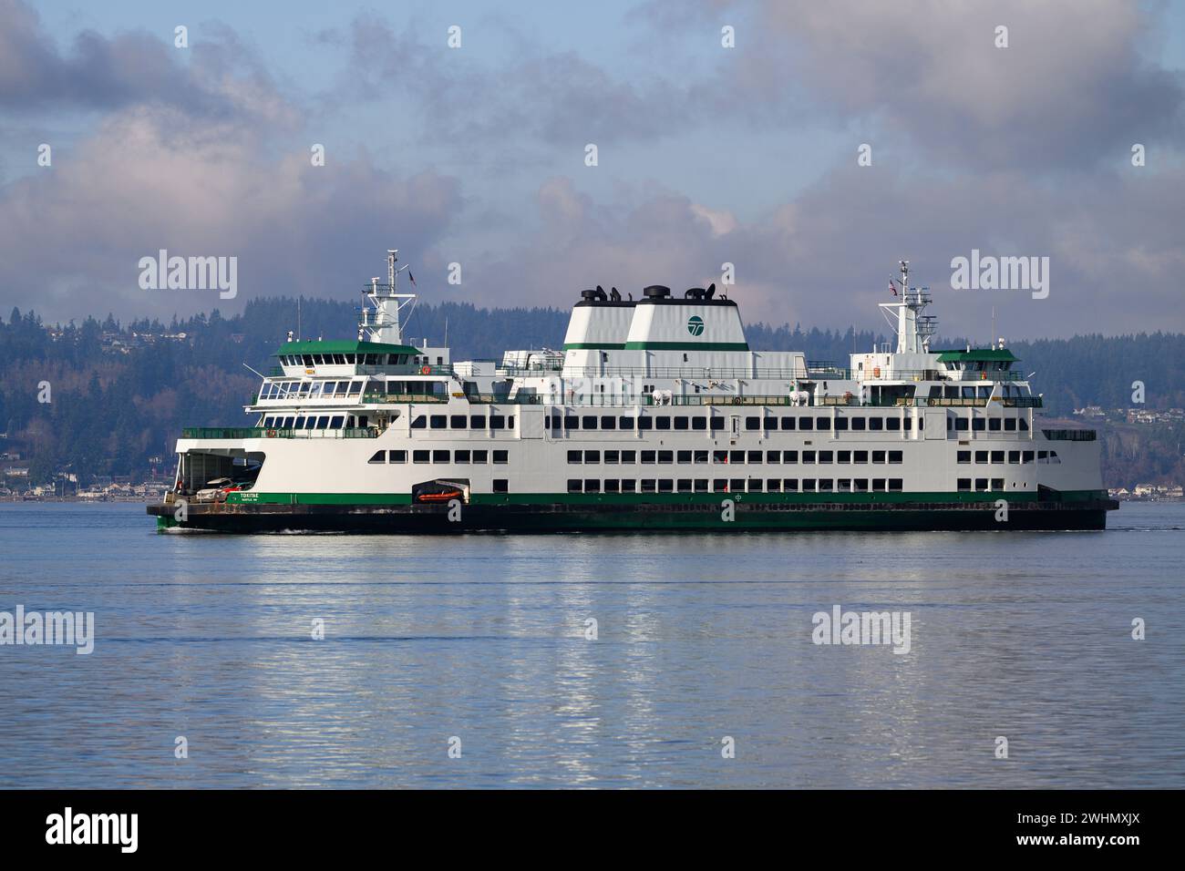 Mukilteo, WA, USA February 7, 2024; MV Tokitae passenger and car ferry with partly cloudy sky