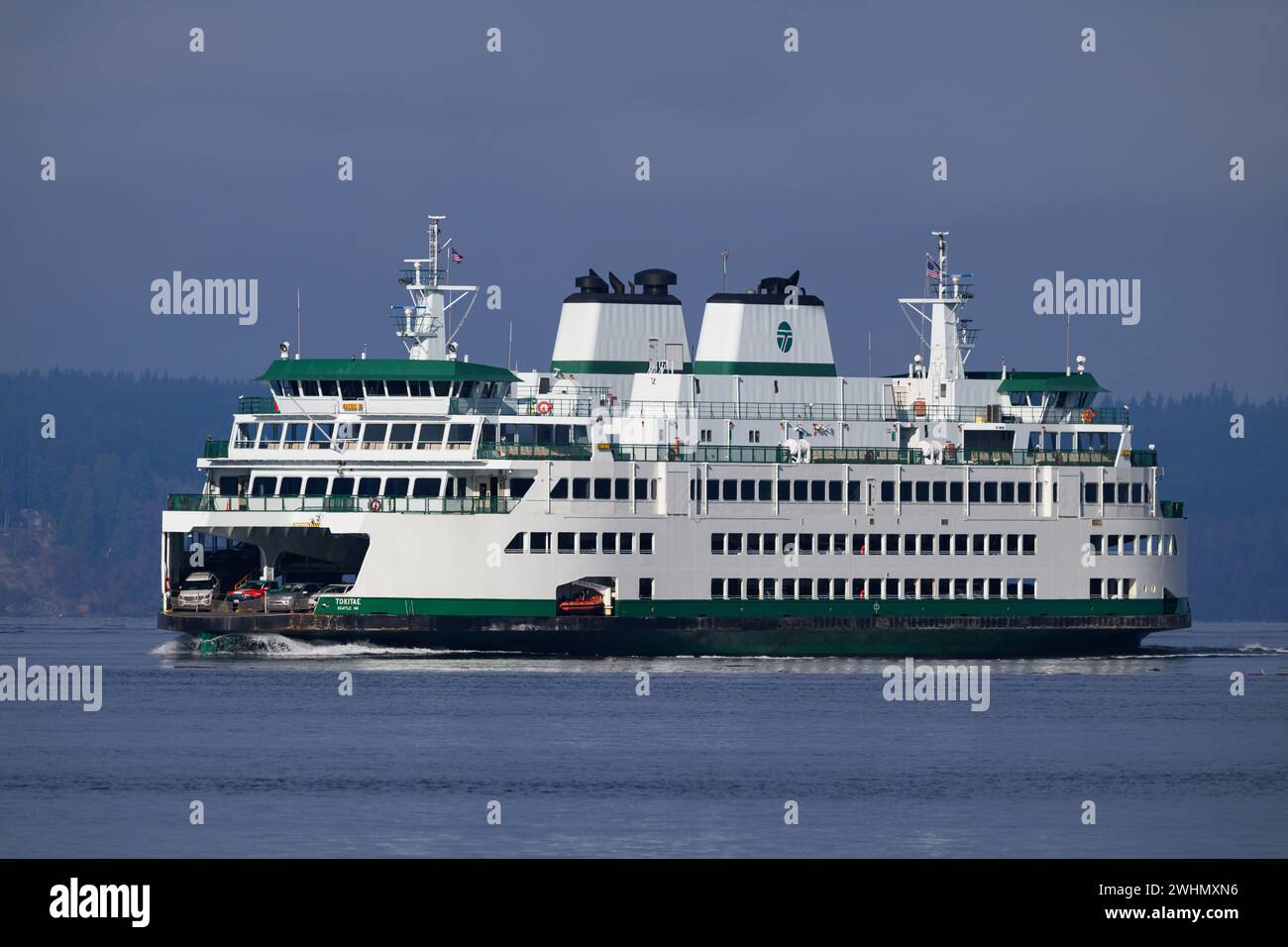 Mukilteo, WA, USA - February 7, 2024; Washington State ferry with car and passenger service aboard MV Tokitae Stock Photo