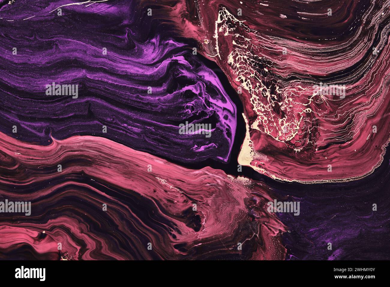 Fluid Art. Beautiful blue and purple waves with with liquid gold curls. Marble effect background or texture, colors 2022 Stock Photo