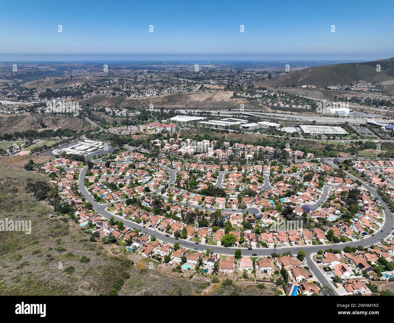Aerial view of small city Poway in suburb of San Diego County