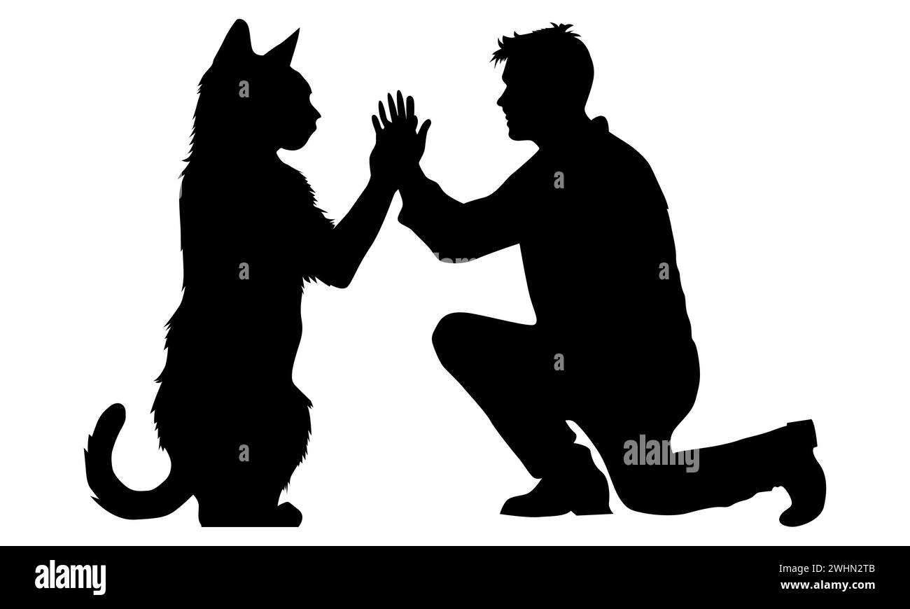 Man and Cat give high five silhouette. Boy and Cat meeting vector Stock Vector