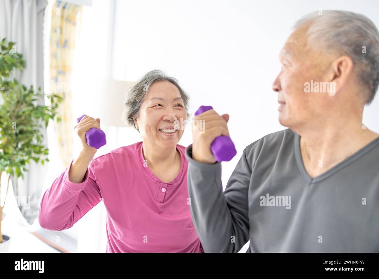 Happy Asian senior couple doing exercises with dumbbells indoors. Stock Photo