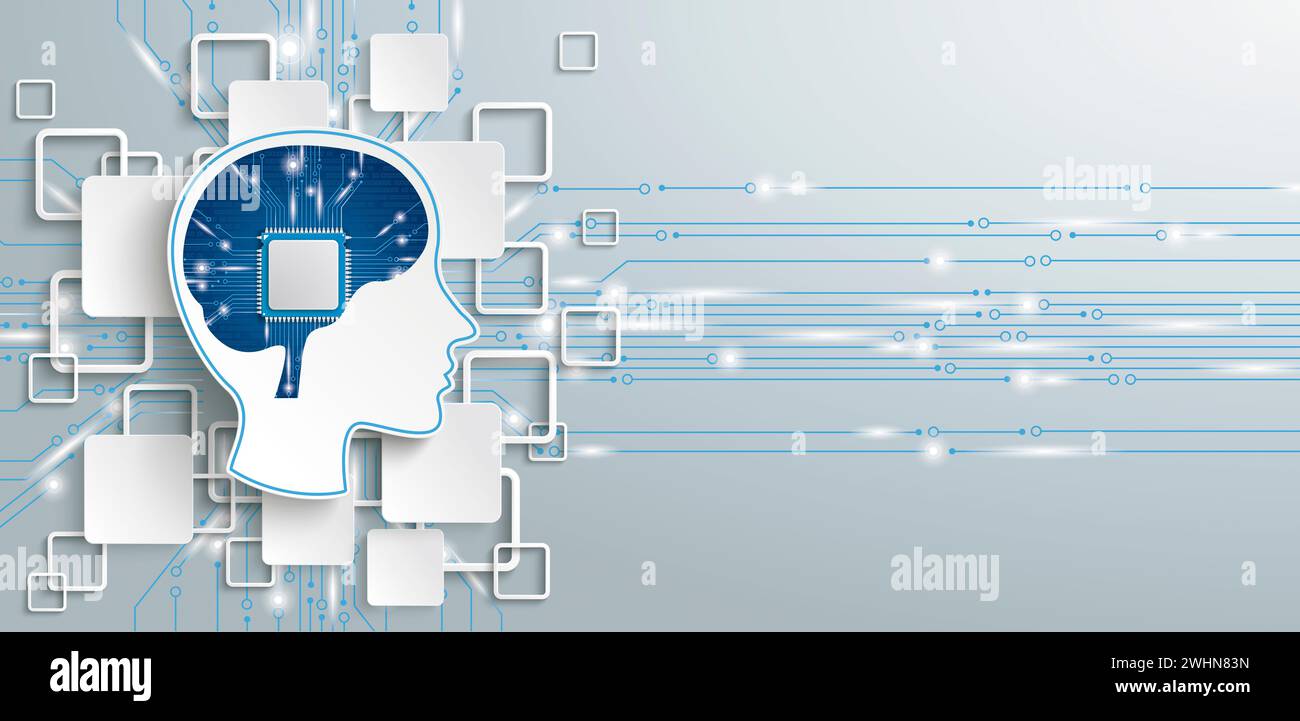 Human head with processor in the brain and rectangles on the gray background. Eps 10 vector file. Stock Photo