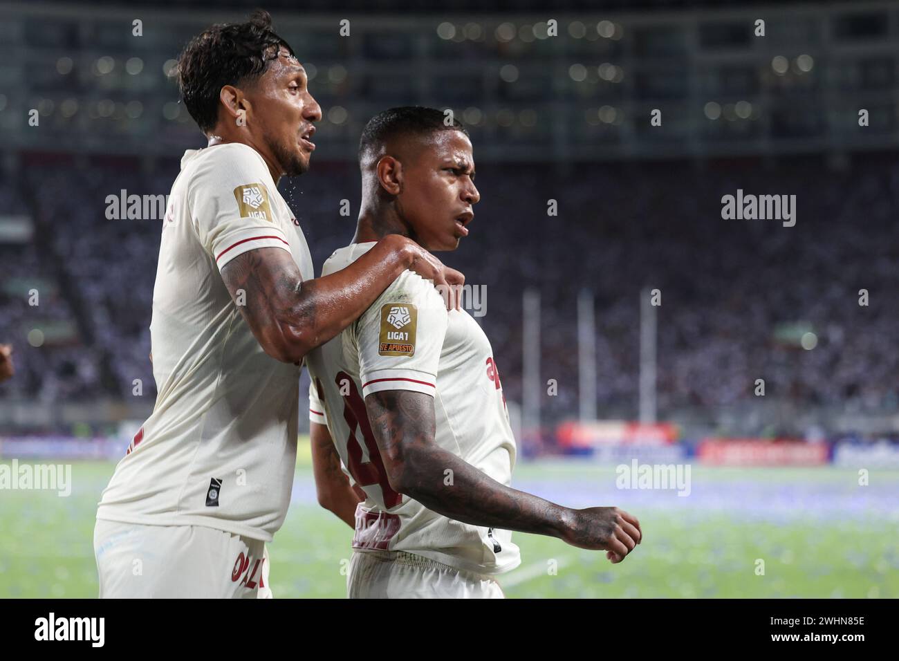 Lima, Peru. 10th Feb, 2024. Andy Polo and Christofer Gonzales of Universitario de Deportes during the Liga 1 Te Apuesto match between Alianza Lima and Universitario de Deportes, Torneo Apertura 2024, date 3, played at Nacional Stadium on February 10, 2024 in Lima, Peru. (Photo by Miguel Marrufo/PRESSINPHOTO) Credit: PRESSINPHOTO SPORTS AGENCY/Alamy Live News Stock Photo