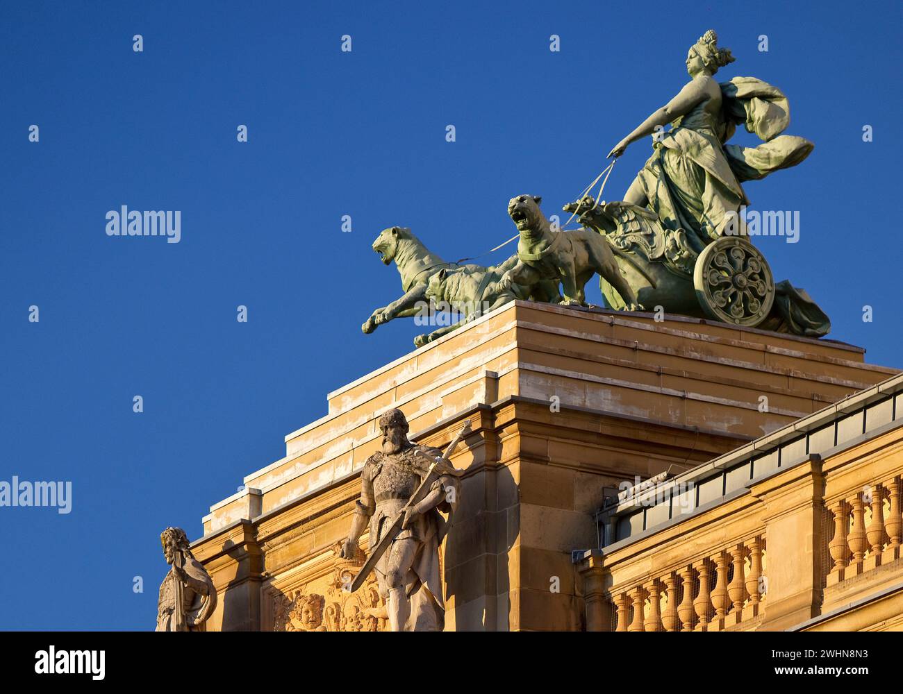 Muse Euterpe pulled by panthers, Hessian State Theater, Wiesbaden, Hesse, Germany, Europe Stock Photo