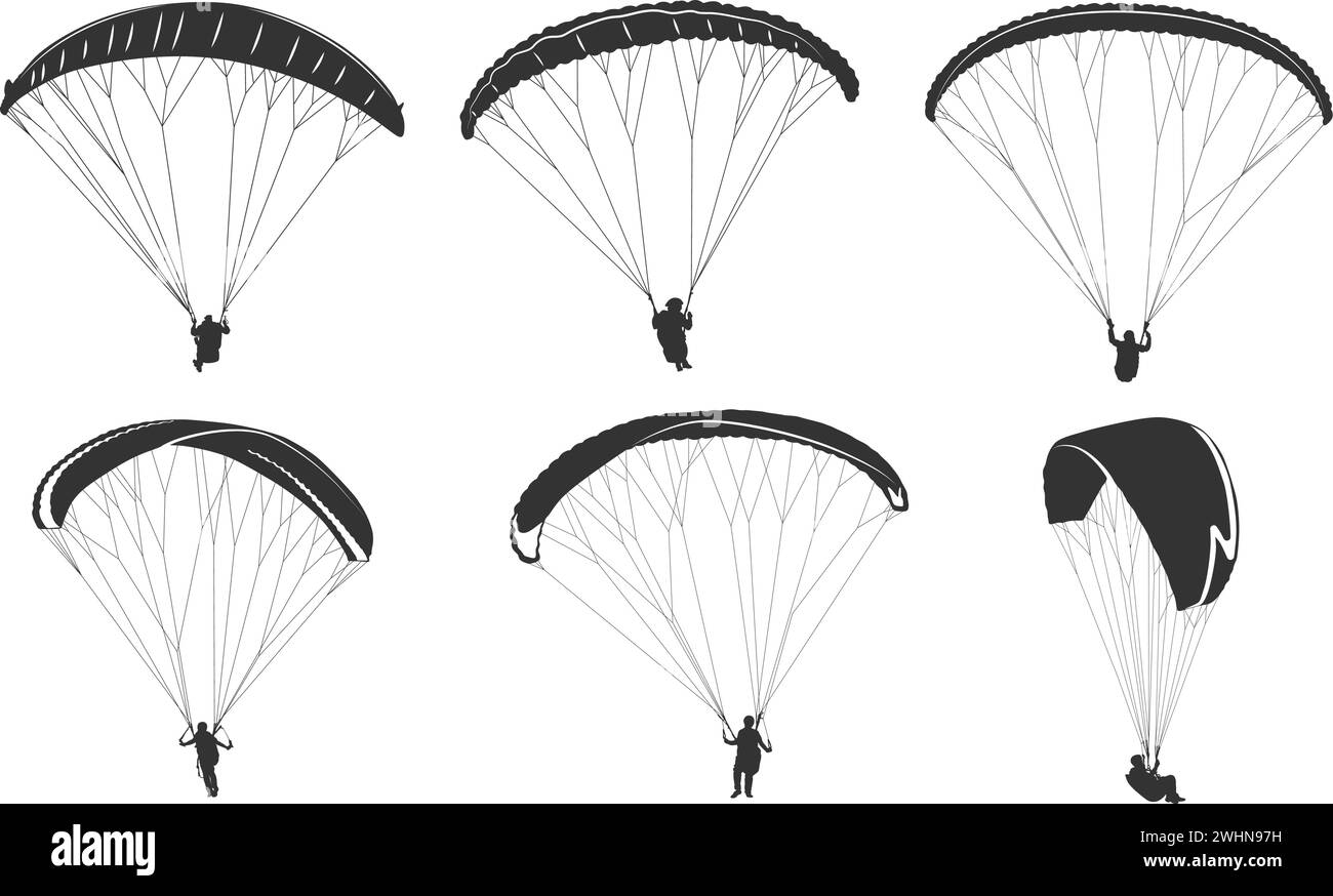 Paragliding silhouettes, Flying paragliding silhouettes, Paragliding vector, Paragliding clipart, Paragliding bundle Stock Vector